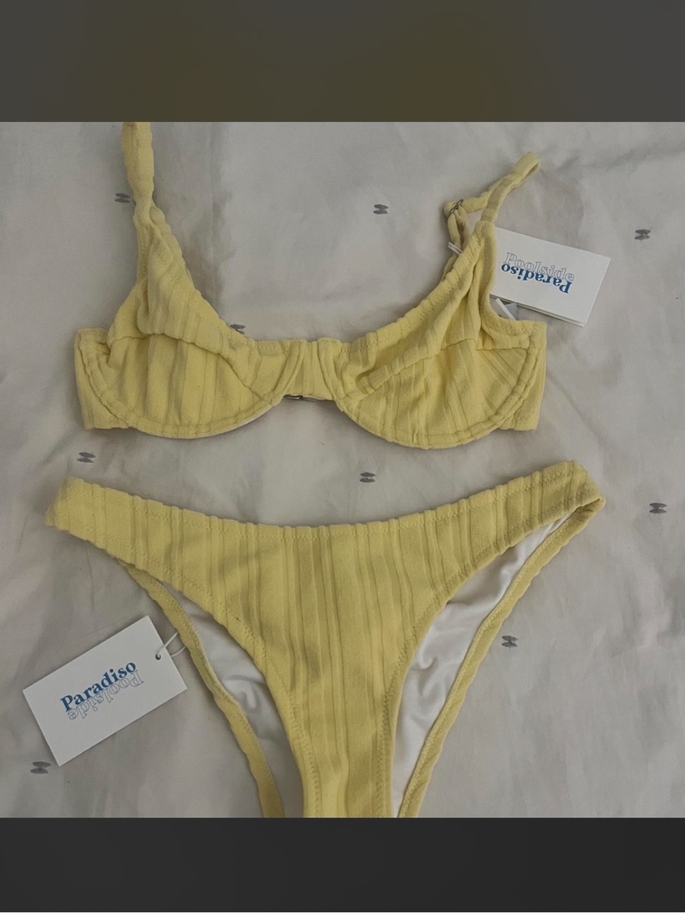NWT Poolside Paradiso Women's Ribbed Yellow Bikini Set, similar to Triangl style